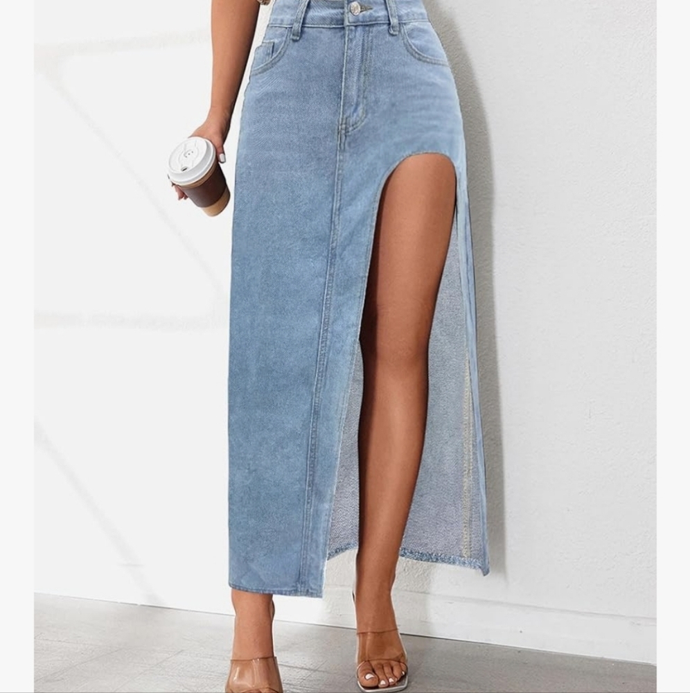 High-Slit Denim Maxi Skirt